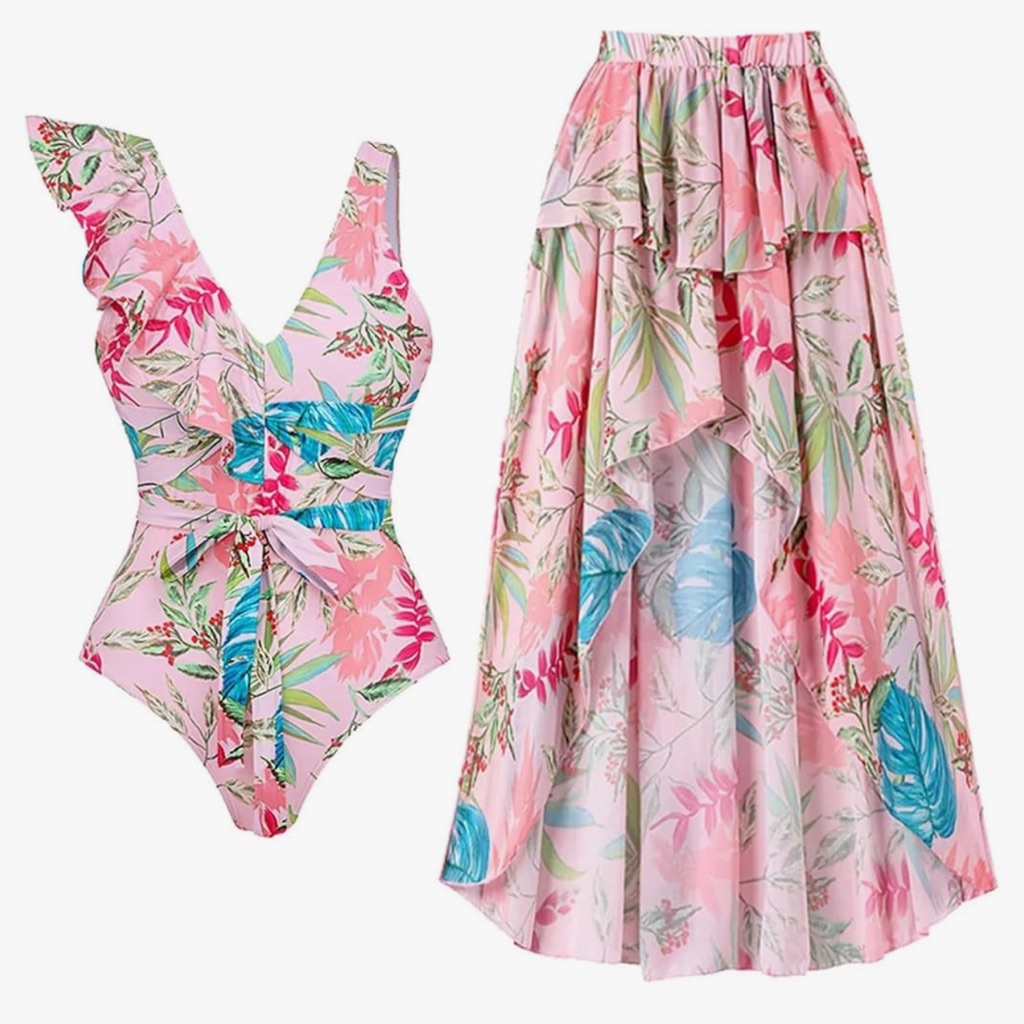 Tropical Floral One Piece Swimsuit And Skirt Set